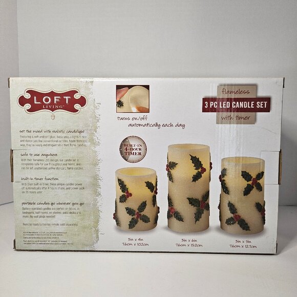Loft Living Holly Berry Glittered 3 Piece LED Pillar Flameless Candle Set - Picture 6 of 9